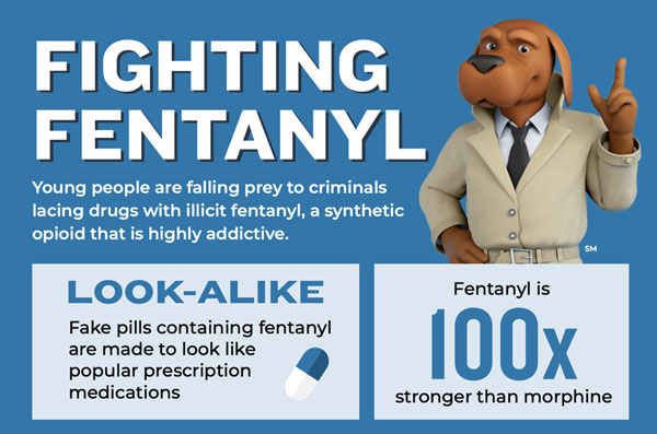 A McGruff The Crime Dog poster showcasing the dangers of illicit fentanyl & fake pills. Learn the effects of fentanyl.