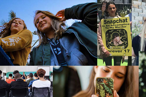 Photo collage illustrating a protest against Snapchat for its role in allowing users to sell & purchase fentanyl through the app.
